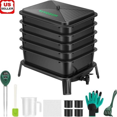 5 Layer Worm Compost Bin 50L Easy Setup Food Waste Recycling Farm Kit  Black New