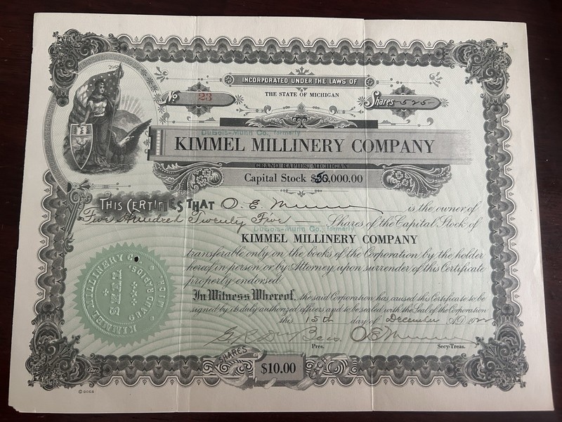 Antique 1922 Kimmel Millinery Co Stock Certificate Grand Rapids Gold Emboss Seal
