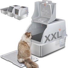 Stainless Steel Cat Litter Box with Lid, 180  Flip Top XXL Enclosed Litter Box