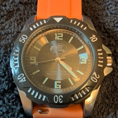 Bass Pro Shops Diver Quartz Watch 42mm Black Dial Silver Case Orange Strap