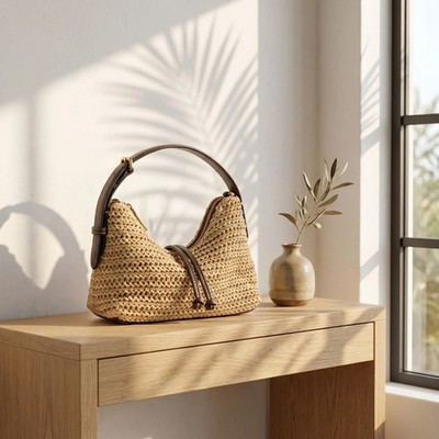 Women Straw Woven Hobo Bag Summer Beach Raffia Shoulder Bag Casual Leather Strap