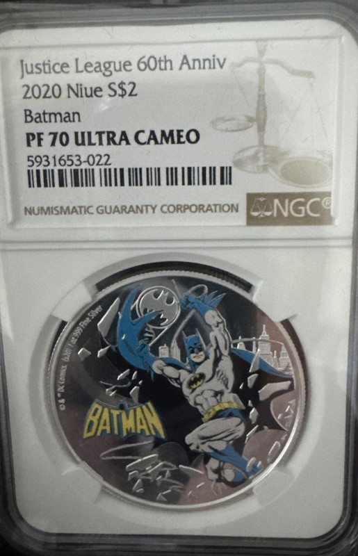 Silver 2020 DC Comic Justice Lea. Batman 60th Annv 999  $2 Niue PF70 Ultra Cameo