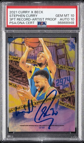 2021 STEPHEN CURRY X TYSON BECK 3PT RECORD STEPHEN CURRY 3/30 PSA 10 AUTO 10