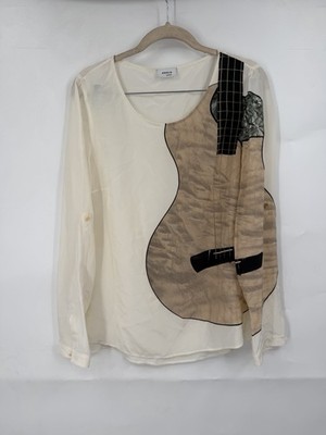 Akris Punto Guitar Print 100% Silk Long Sleeve Blouse Women XL Ivory Music Indie