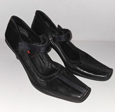 PRADA Square Toe Mary Jane Pumps Vtg 90s Black Leather Kitten Heel Italy 38 US 8