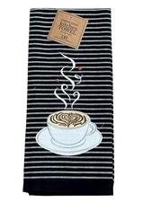 Design imports Coffee Black Stripe Kitchen Dishtowel Embellished NWT
