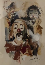 Robert Delval Born Paris 1934-“Clowns” Gouache Watercolor Painting Signed Framed
