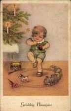 Ak Neujahr, Kleinkind mit Spielzeugeisenbahn, Tannenbaum - 4489647