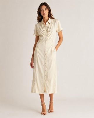 Patrizia Pepe Women s IT 42 Sand White Button Front Midi Shirt Dress NWT