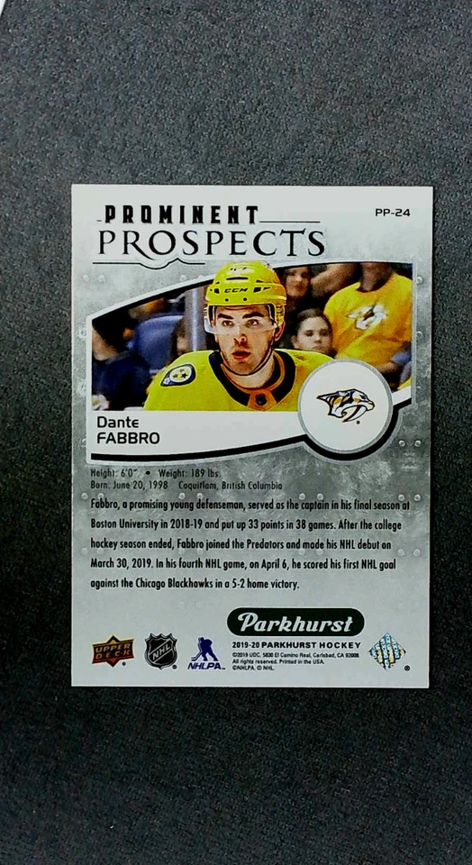 2019-20 Upper Deck Parkhurst Prominent Prospects #24 Dante Fabbro Predators - Image 2 of 2