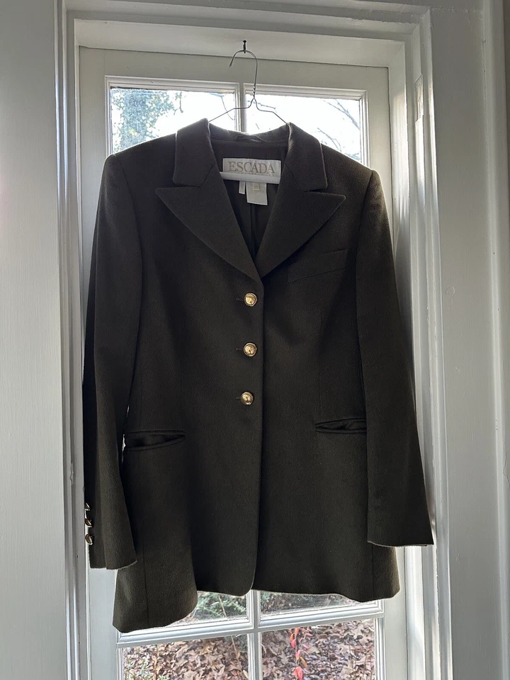 Blazer Escada Margaretha Ley Vintage Verde Oliva Forrado Seda Talla 40=M, 8/10 Usado en Excelente Condición Foto 2 de 4