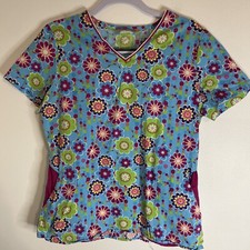 Comfy Cotton Scrub Top Medical Uniform Blue Floral V Neck Small