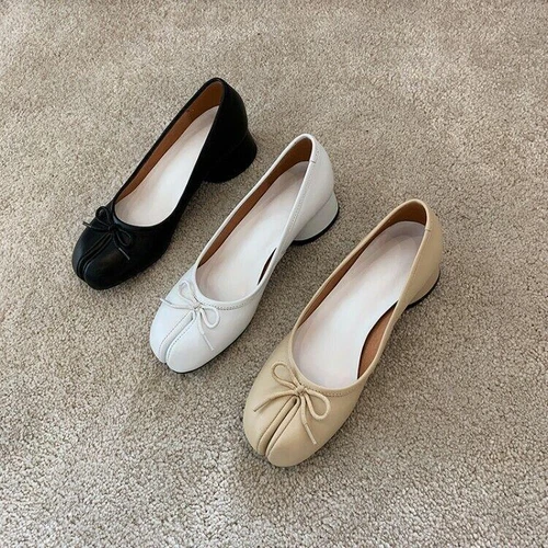 Women's Mid Heel Ballet Court Shoes - Leather Bowtie Tabi Split Toe Design Uk - Picture 2 of 22