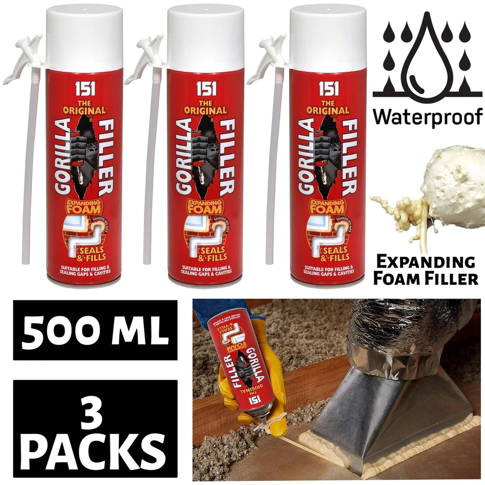 151 3X Gorilla Filler Weatherproof Expanding Foam Fills Seals Cracks & Gaps 500ml