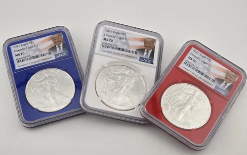 2021 American Silver Eagle 3pc Set Donald J. Trump NGC MS70 Heraldic T-1 RW&B