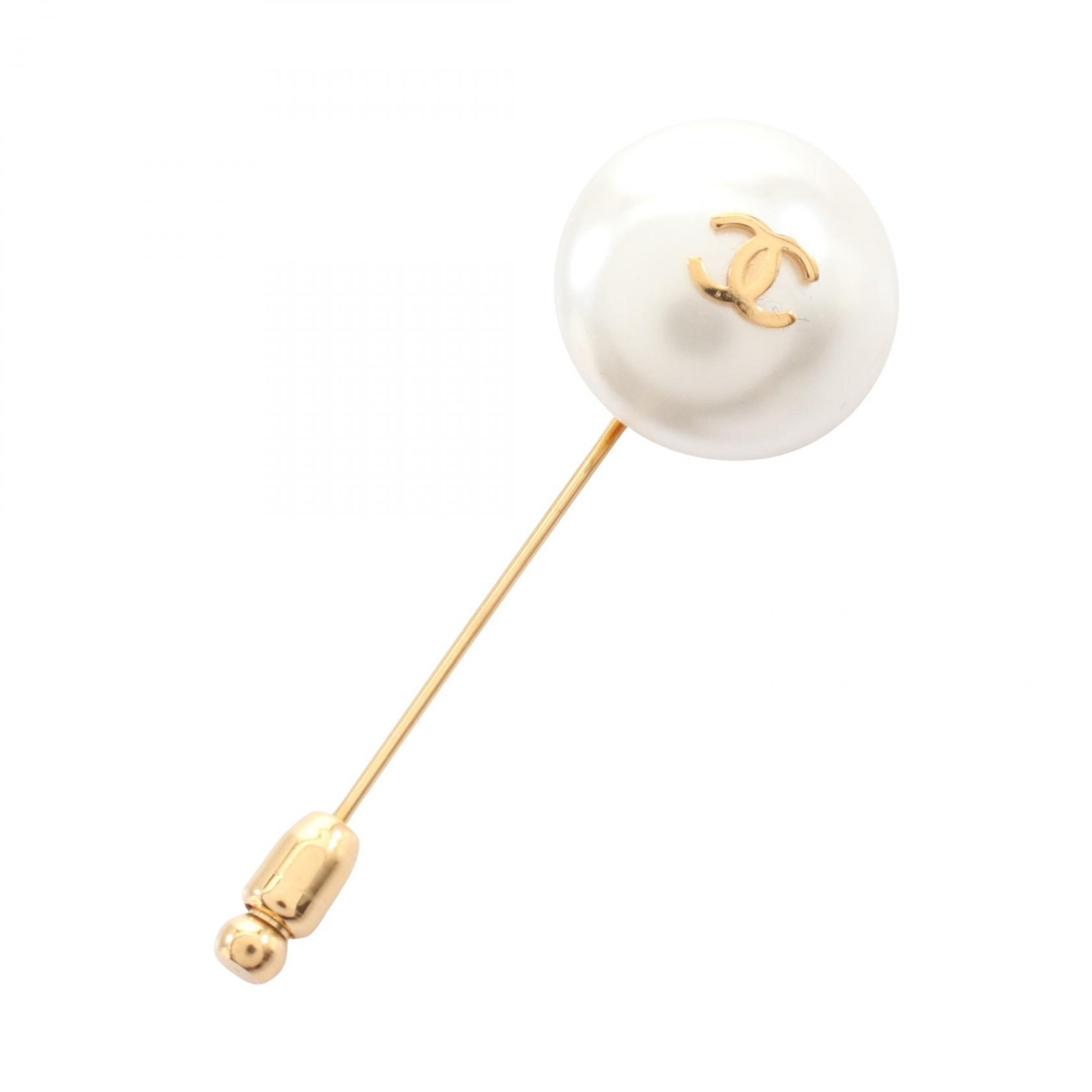 CHANEL COCO Gold Plated Brooch with White Artificial Pearl CC Logo Vintage