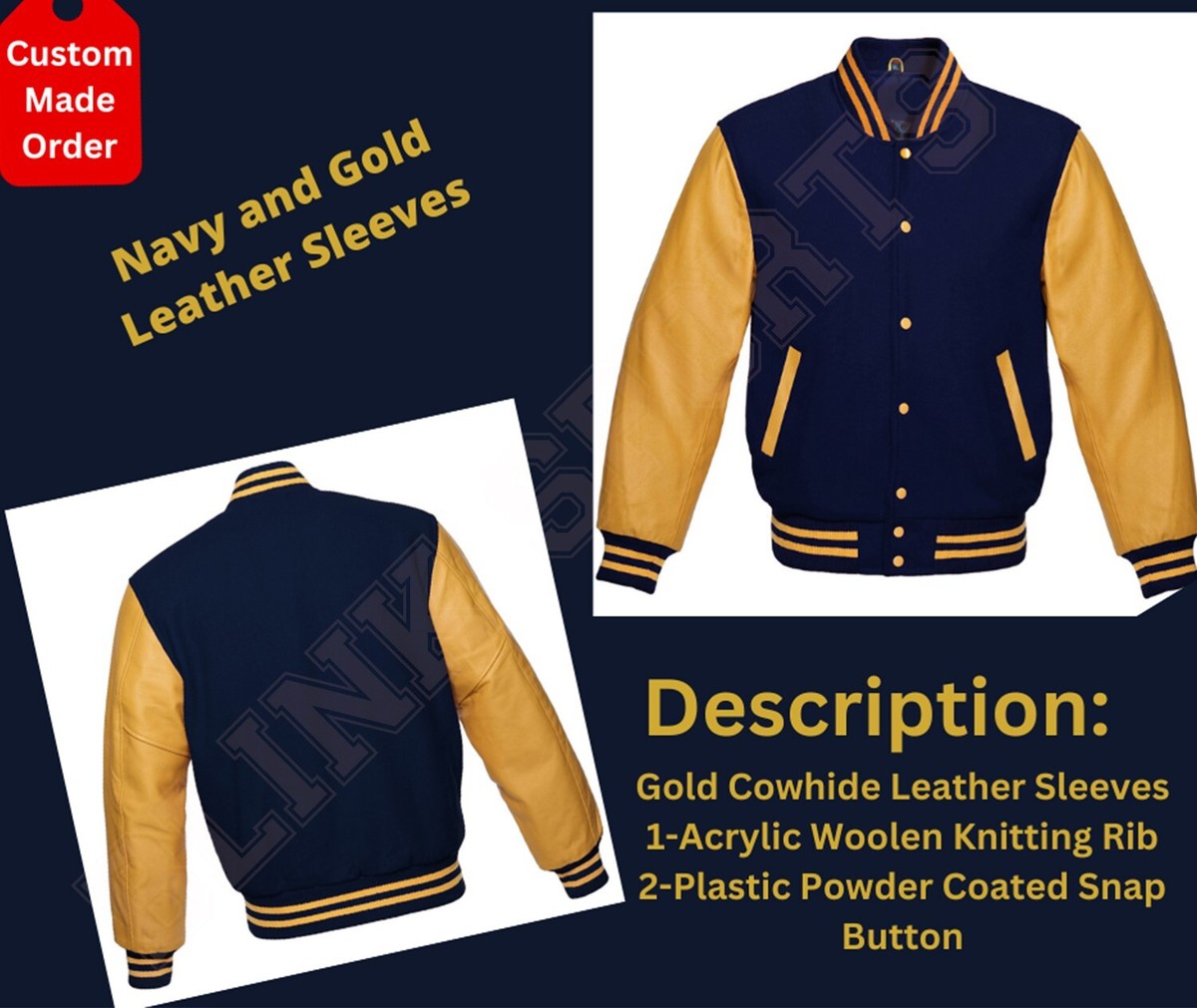 Customised Letterman Varsity Navy Wool Body Gold Real Leather Sleeves  Jackets