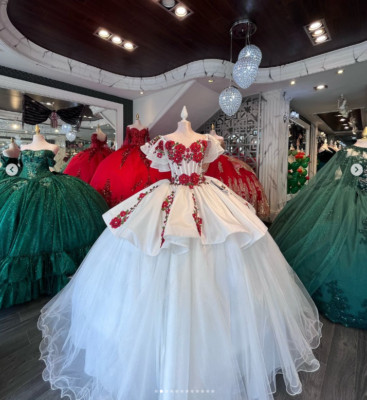 Red 3D Flowers Quinceanera Dresses White Ruffles Princess Sweet 15 16 Ball  Gowns | eBay