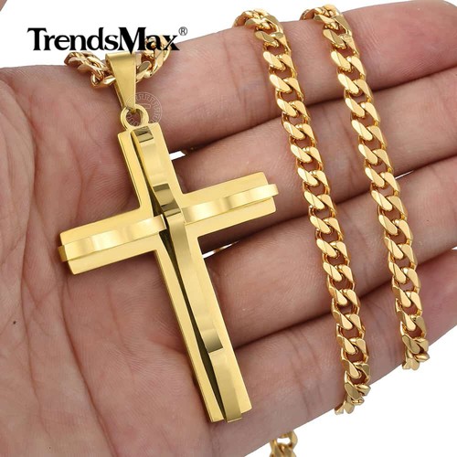 5mm 16-30'' Gold Plated Cross Pendant Necklace Stainless Steel Curb Cuban Chain - Picture 4 of 19