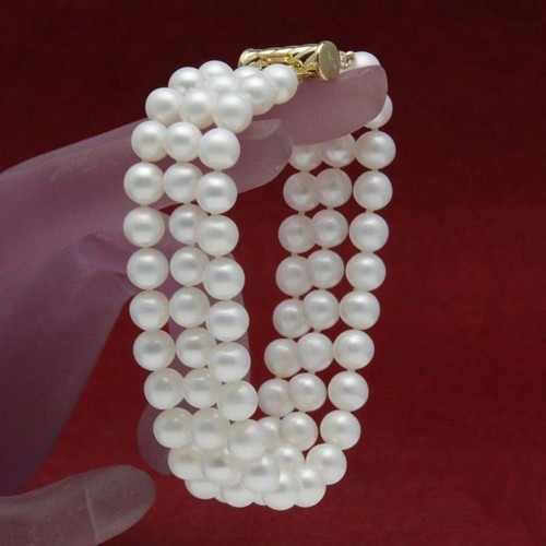 Fashion 3 Rows 8mm White South Sea Shell Pearl Bangle Bracelet 7.5" PB53 - Picture 5 of 6
