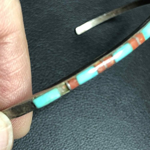 5298 Bracelet manchette vintage patine sterling 925 corail turquoise 6" 4,1gr *défaut