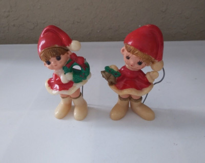 VTG 1950-60'S PIXIE ELF GIRL FIGURE/ORNAMENT (1) HOLDING WREATH & OTHER A BELL