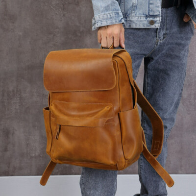 Men's Leather Retro Large Capacity Backpack Casual Travel Bag Computer Bag