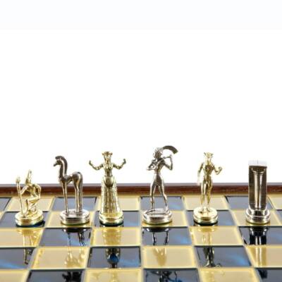 Minoan Period Chess Set - Brass Nickel Pawns - Blue Wooden case Board