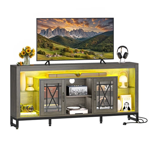 Soporte de TV de 33,5"" de alto para TV de 75" para sala de estar con luces LED y tomas de corriente - Imagen 9 de 11