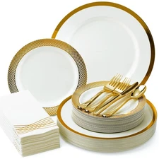 By Madee HEAVYWEIGHT 175 Pc White and Gold Plastic Plates and Utensils Set wi...