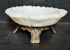 Vintage 5.5” White Milk Glass Metal Footed Dish - Multiple Possible Uses