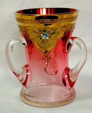 Moser Type Bohemian Enameled Floral Three Handled Gold Cranberry Loving Cup Vase