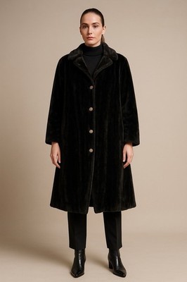 Vintage Shane Lee Black Faux Fur Made In USA  Full Length Coat Oversized Small
