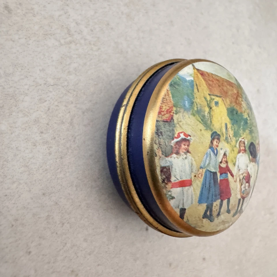 Vintage Pillendose aus Metall blau-gold mit Kindermotiv - Bild 3 von 4