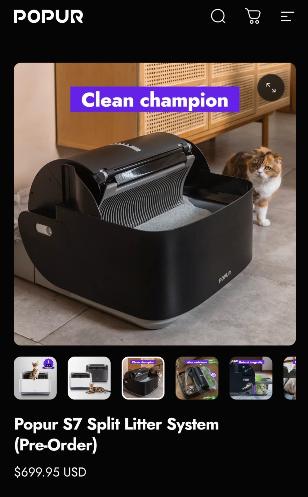 Popur S7 Split Litter System Self Cleaning Litter Box  (Blac