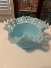 Vintage Fenton Glass Vase Bowl Powder Blue Satin Basket Weave Open Edge Lattice