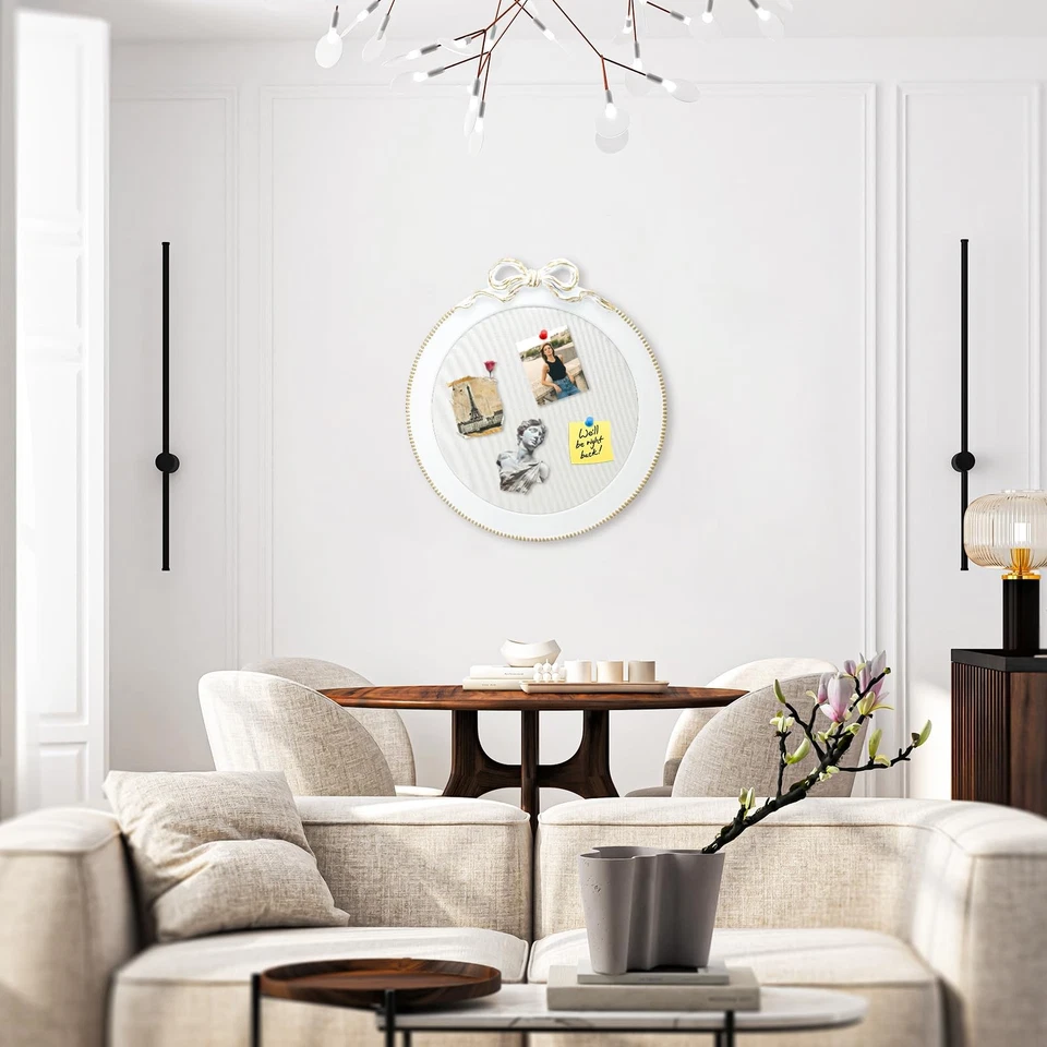 25×23 Inch Round Linen Bulletin Board with Bowknot Decorative Farmhouse Cork ... - Image 2 of 4