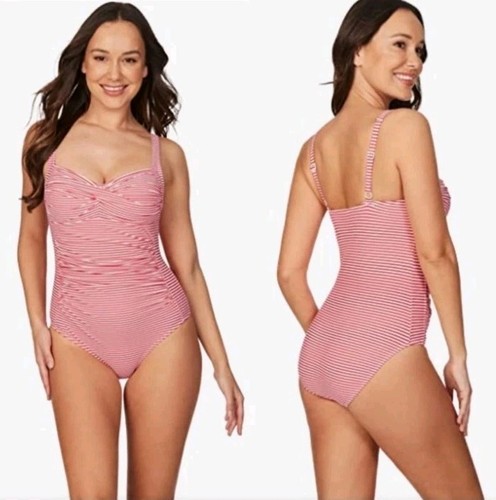 NWOT Nip Tuck Swim One Piece Swimsuit 10 Tummy Control Multi Fit Cup Red Striped - Picture 2 of 13