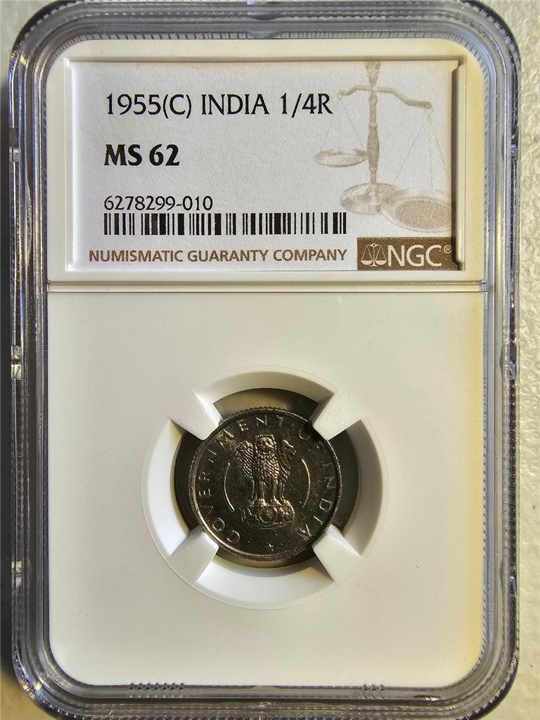 India 1/4 Rupee 1955C NGC MS 62