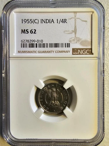 India 1/4 Rupee 1955C NGC MS 62
