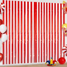 2 PCS Red White Clown Circus Tinsel Curtain 3.3x6.6FT Foil Fringe Backdrop