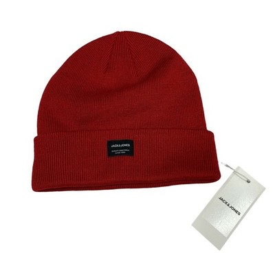 Jack & Jones Mens DNA Standard Knit Cuffed Front Logo Beanie Red OS