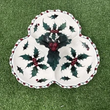 Vintage 1950s Lefton Christmas Holly & Berry Candy Cane Tidbit Nut Candy Dish