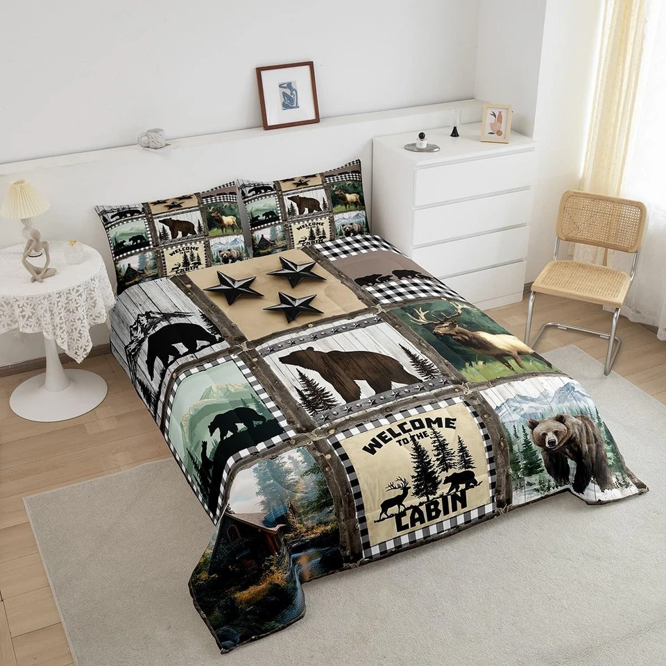 Farmhouse Decor,Rustic Bear Deer Quilt Twin,Black and White Checkered Buffalo... - Image 2 of 4