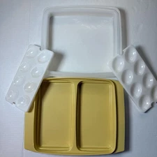 Vintage Tupperware Deviled Egg Carrier 2 Trays 16 capacity Harvest Gold 723