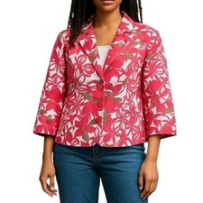 Kasper Blazer 8P Pink Floral 3/4 Sleeve Slit Cuffs Flap Pockets Stretch Cotton