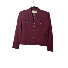Kasper Women Blazer 4 Burgundy Wool Gold Crest Button Dark Academia Professional