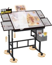 Adjustable Puzzle Table with Storage, Wheels, Metal Wood, Black Gray
