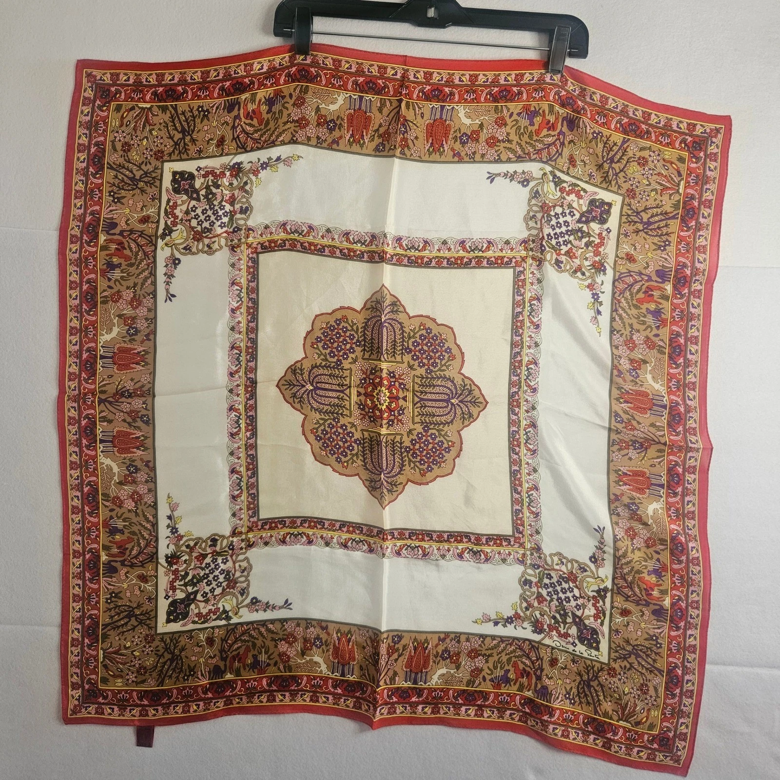 Vtg Oscar de la Renta Silk Scarf Red Floral Medallion Accessory Street Japan