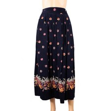 Herman Geist Corduroy Midi Skirt Floral Border Print Navy Size 6 Vintage